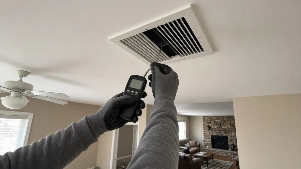 Checking supply air temperature at a ceiling vent.